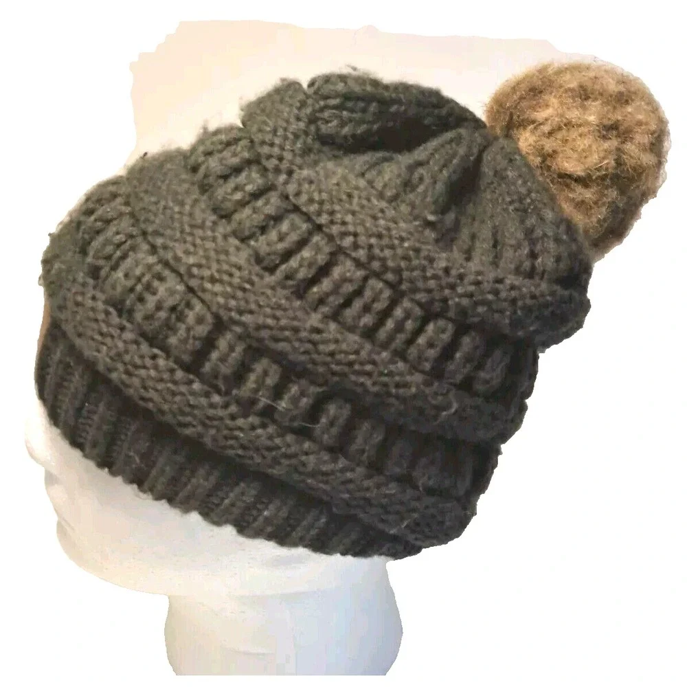 Knit Faux Fur Pom Pom Beanie Hat Pennsylvania Patch Adult Unisex‎ One Sz Gray